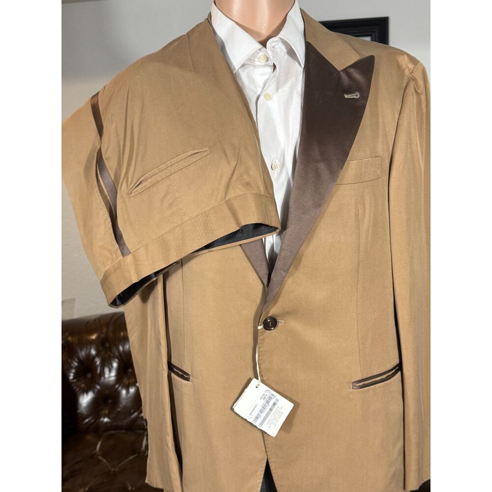 New Brunello Cucinelli Silk Tuxedo 2pc Peak Lapels Caramel Brown 50R 40 36x29